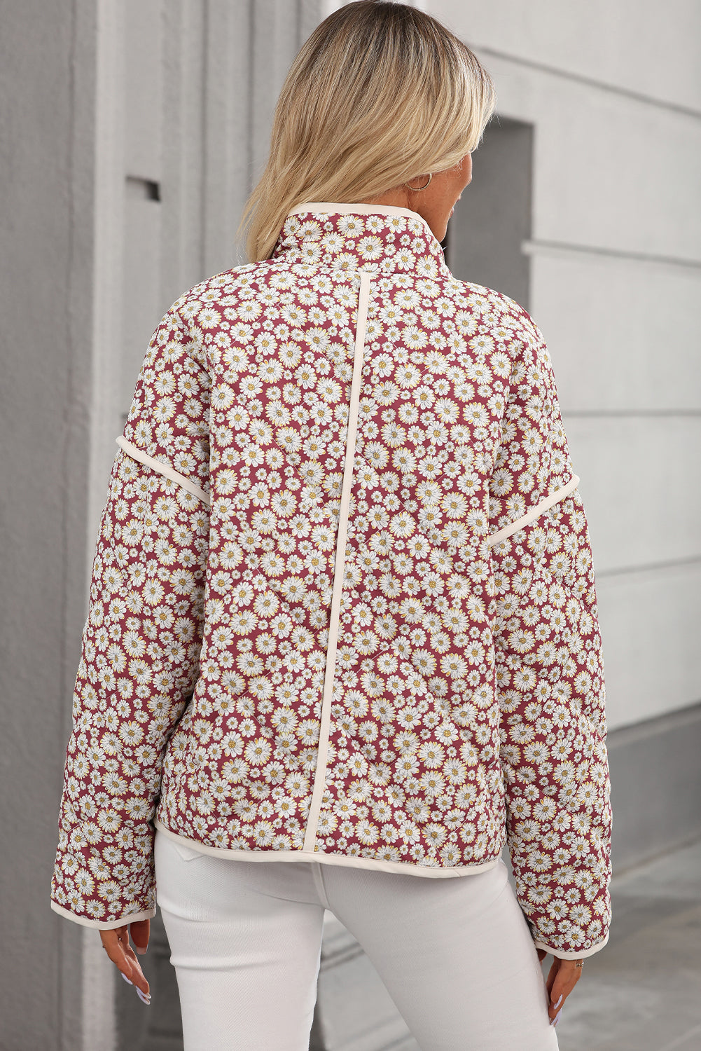 Pink Floral Print Contrast Edge Pocketed Stand Neck Jacket