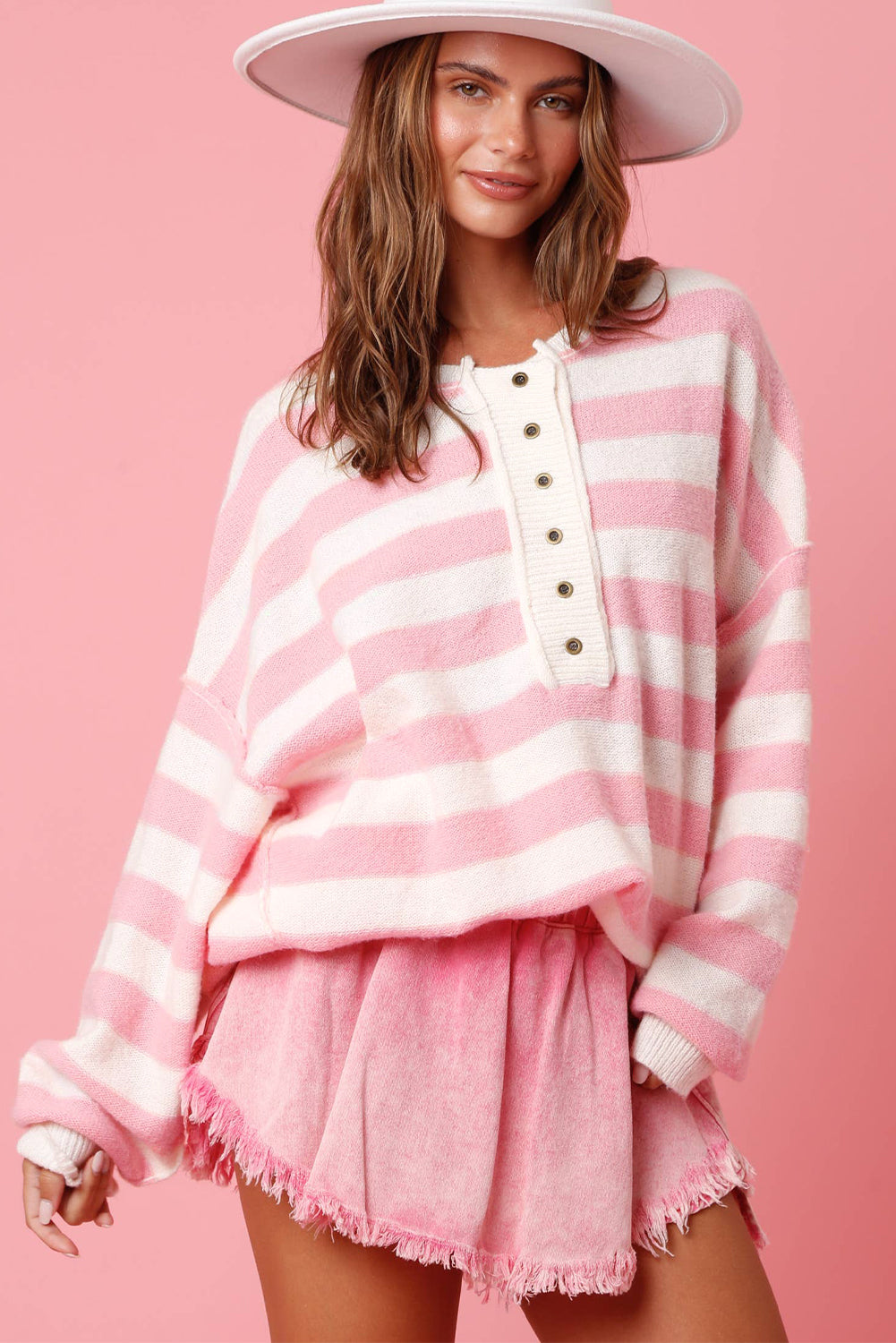 Pink Stripe Half Buttons Drop Shoulder Sweater