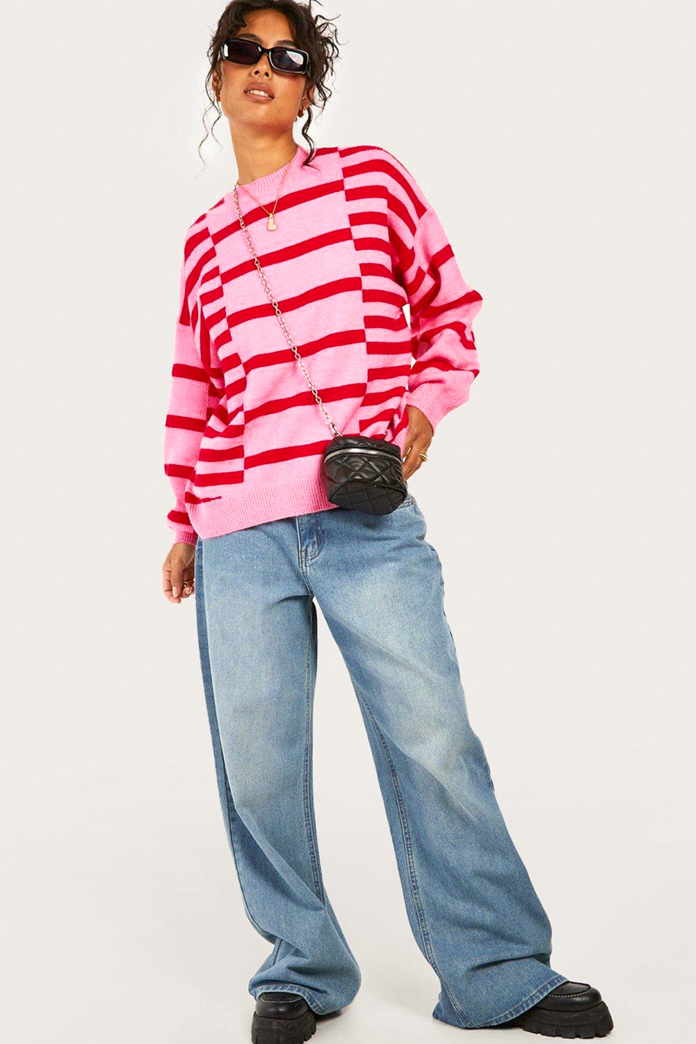 Pink Stripe Bubble Sleeve Drop Shoulder Ribbed Trim Sweater