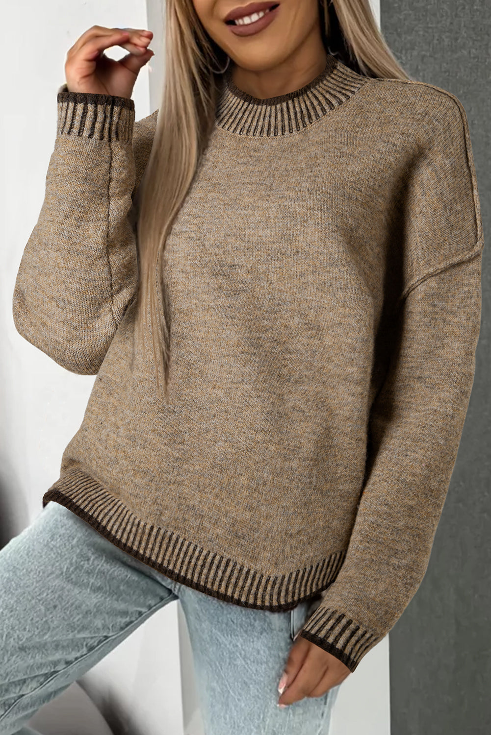 Pale Khaki Contrast Trim Mock Neck Drop Shoulder Sweater