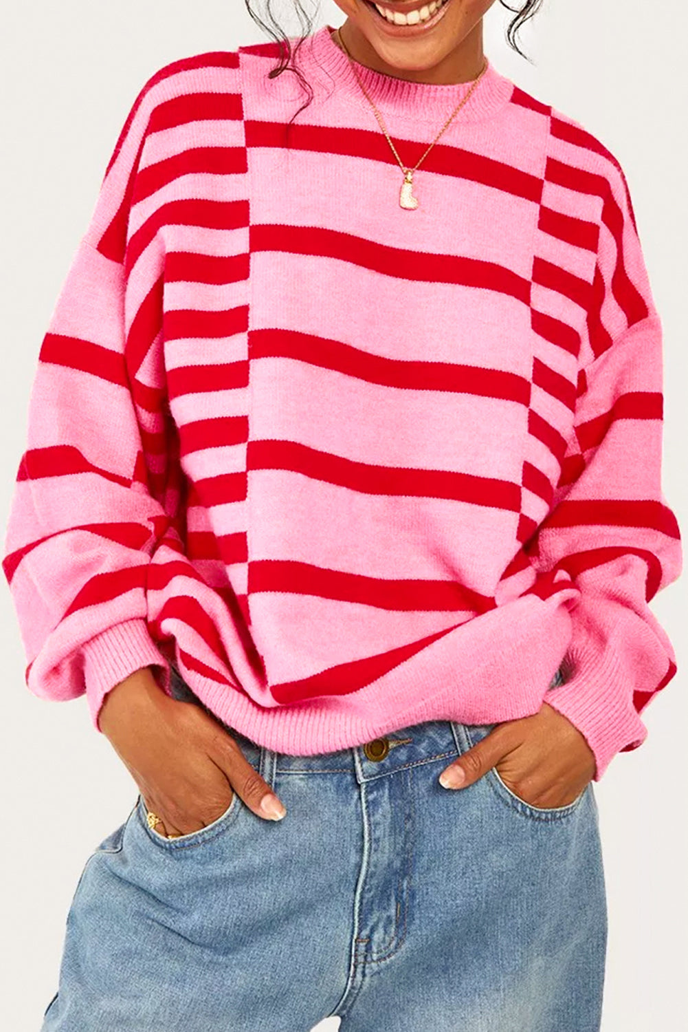 Pink Stripe Bubble Sleeve Drop Shoulder Ribbed Trim Sweater