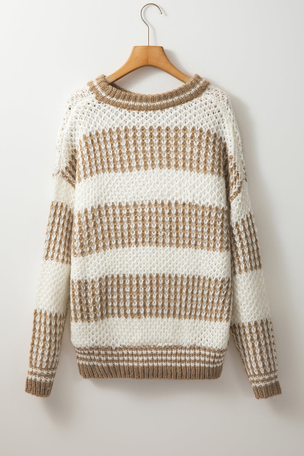 Brown Stripe Drop Shoulder Round Neck Loose Sweater